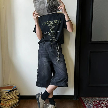 mens hip hop washed denim shorts broken hole folds burr edge street punk cowboy middle pants pockets bomber quarter pants y2k vintage washed jeans
