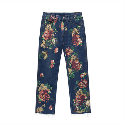 graffiti floral printed denim jean mens new casual zipper biker jeans fashion high street slim fit pants joggers hip hop jeans sporty tapered joggers