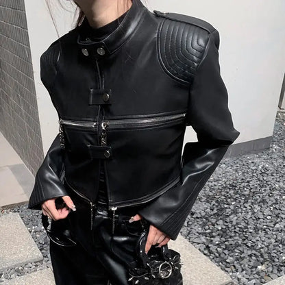 european and american heavy industry multi zipper design spider web shoulder pad leather jacket for women 2024 new jacket top relaxed fit trousers