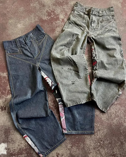 Hip Hop Rock Embroidery New Y2k Jeans Pattern Printed Loose Trousers for Men and Women Retro Harajuku Goth Ripped Wide Leg Pants Street King Limited