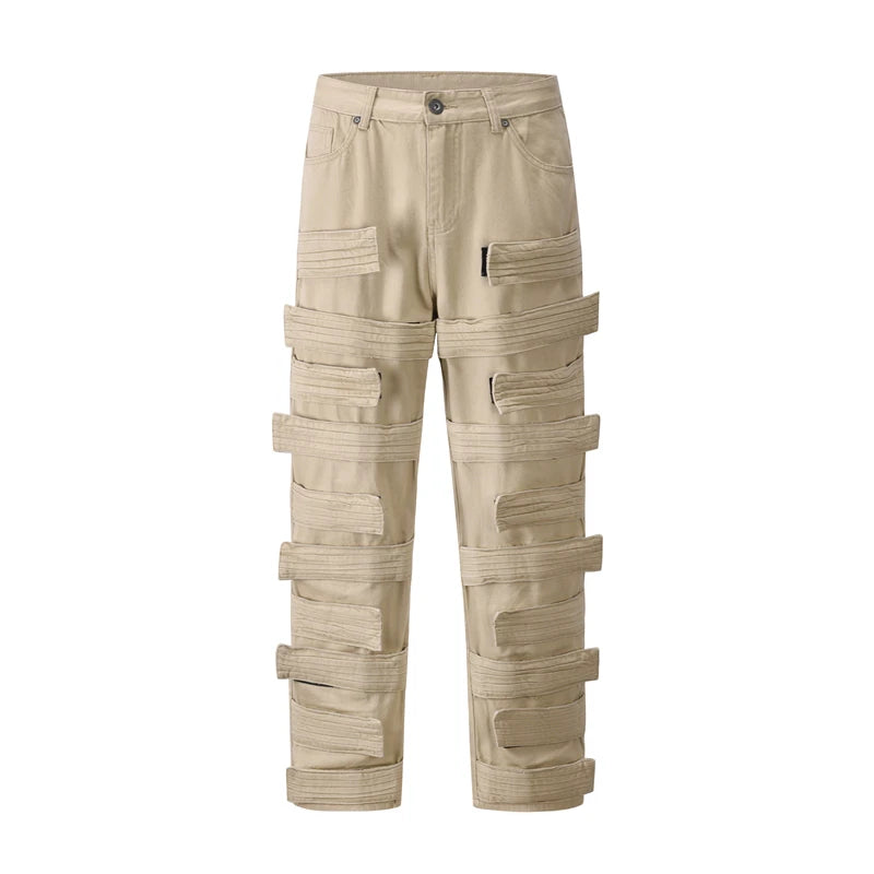 high street magic tape solid color straight jeans cargo pants mens retro harajuku vibe style baggy casual denim trousersrs multi-pocket cargos