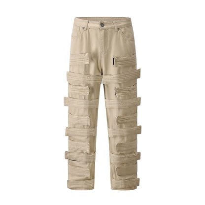 high street magic tape solid color straight jeans cargo pants mens retro harajuku vibe style baggy casual denim trousersrs multi-pocket cargos