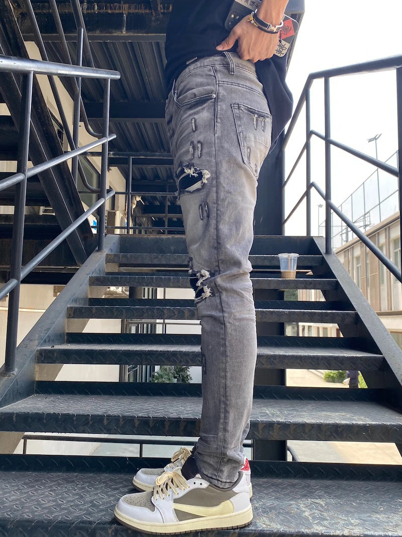 knee holes patckwork skinny denim jeans mens casual button fly slim biker trousers fashion streetwear hip hop jean pants joggers sporty tapered joggers