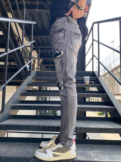 knee holes patckwork skinny denim jeans mens casual button fly slim biker trousers fashion streetwear hip hop jean pants joggers sporty tapered joggers