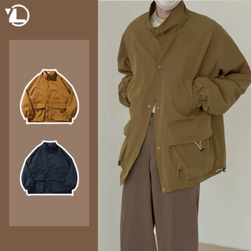 japanese spring jacket mens single breasted stand collar harajuku unisex coats solid big pocket drawstring casual men outwear urban fashion pants