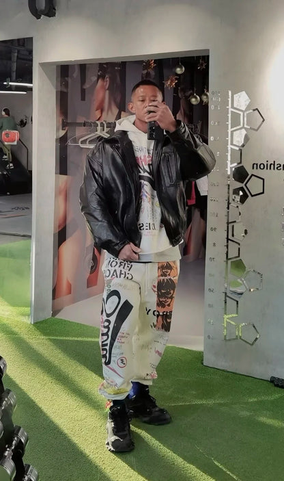 24ss vintage retro graffiti washed worn cotton high street long pants leggings menswear bottoms
