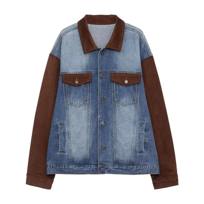mens patchwork denim jacket spring trend korean retro college lapel color blocked couple coats 2024 high street cowboy cardigan unique jeans style 3379