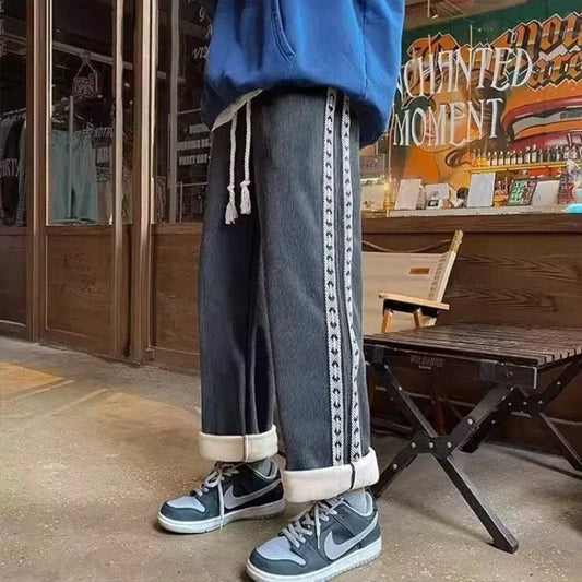 new side striped corduroy pants for men winter thickened baggy straight wide leg sweatpants y2k vintage streetwear trousers urban active pants