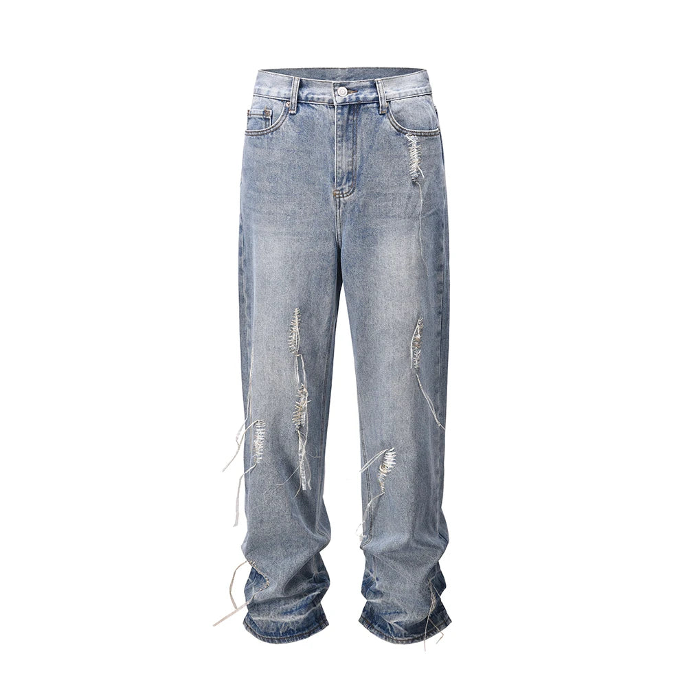 string lace up frayed washed pantalones hombre baggy blue jeans for men y2k streetwear washed casual denim trousers oversized urban skinny jeans