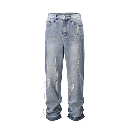 string lace up frayed washed pantalones hombre baggy blue jeans for men y2k streetwear washed casual denim trousers oversized urban skinny jeans