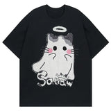 Men T Shirts Cartoon Cat Embroidered Short Sleeve Tshirt Japanese Preppy Style Loose Couple Tee Tops 4 Colors Optional Street King Limited