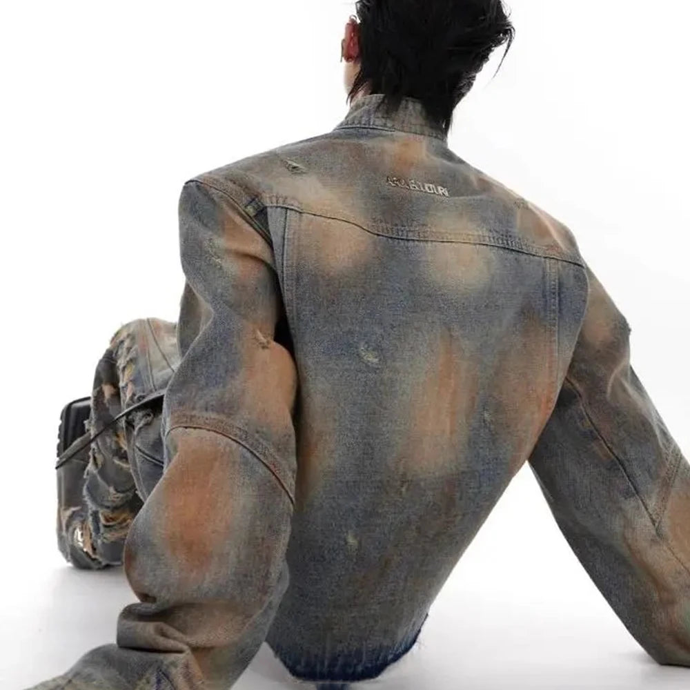 mens denim jacket jeans wilderness construction site style distressed washed holes street wear fashion versatile mens wear 2024 stacked flare jeans