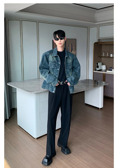 2024 trend mens denim jackets vintage washed design multiple pockets cowboy coats loose shoulder padded cardigan male spring unique jeans style 4061