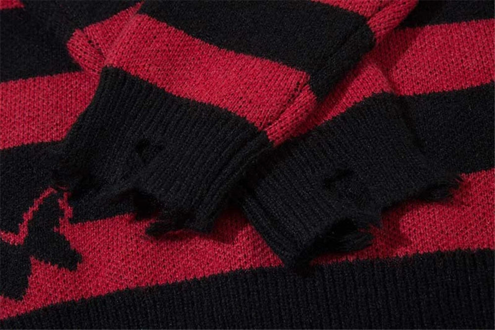 2023 Hip Hop Striped Knitted Sweater Streetwear Butterfly Graphic Distressed Ripped Pullover Men Harajuku Casual Knitwear Unisex Street King Limited