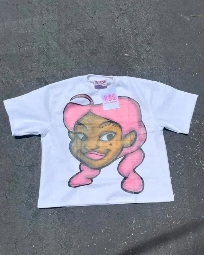 Harajuku cartoon big head pattern graphic t shirts oversized t shirt casual goth y2k tops streetwear 2000s vintage men clothing Street King Limited