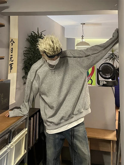New Retro Zipper Design O-neck Sweatshirts For Men Autumn Y2K Streetwear Gray Pullover Hoodies Loose Hip Hop Fashion Sweat-shirt Street King Limited