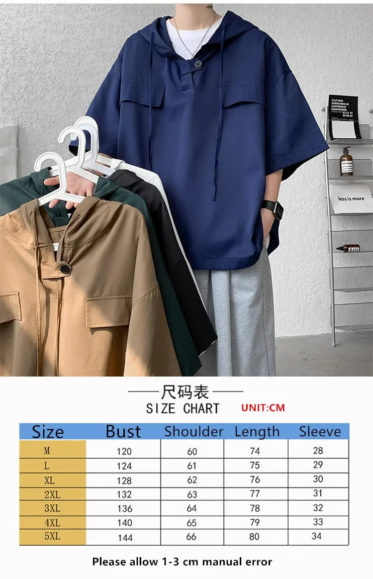 5 Colors Summer Hooded T shirt Men Korean Half Sleeve Pullover Streetwear Loose T-shirt Tops Drawstring Men Clothing Street King Limited