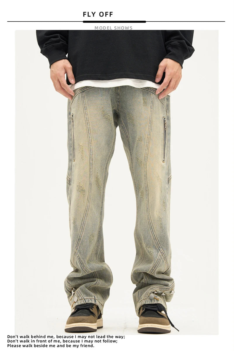 american high street retro straight jeans men casual patchwork y2k denim pants hip hop streetwear zipper baggy cargo jean unique cargo style 3118