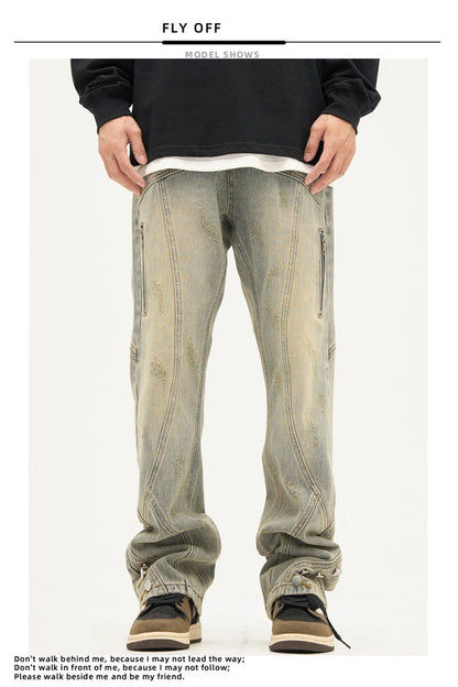 american high street retro straight jeans men casual patchwork y2k denim pants hip hop streetwear zipper baggy cargo jean unique cargo style 3118