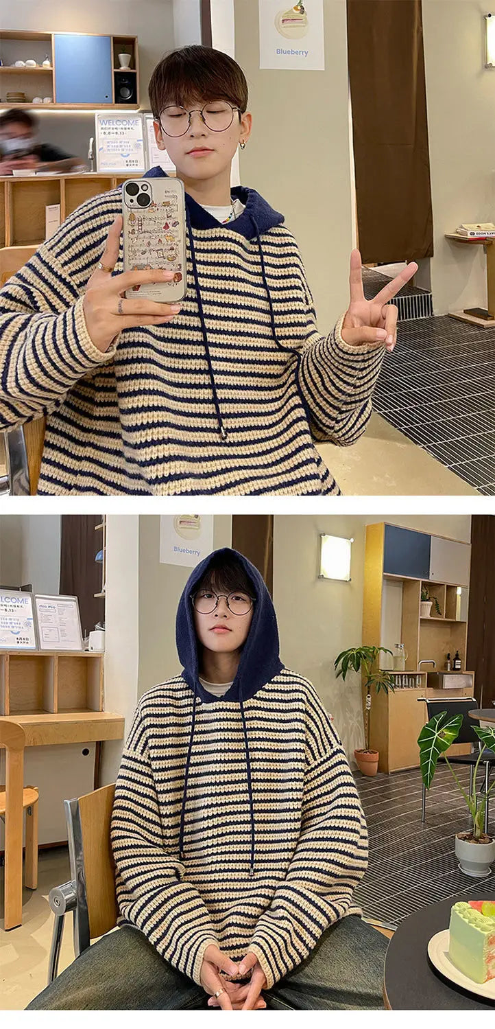 Y2K Striped hooded sweater for men and women autumn and winter American retro trend couple lazy loose and casual knitted top Street King Limited