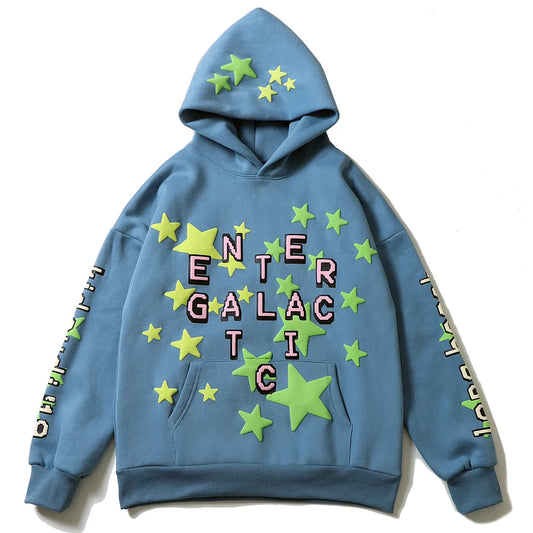 High Street Letter Foam Stars Print Men's and Women's Fleece Hoodie Retro Autumn and Winter Casual Pullover Hooded Sweatshirts Street King Limited