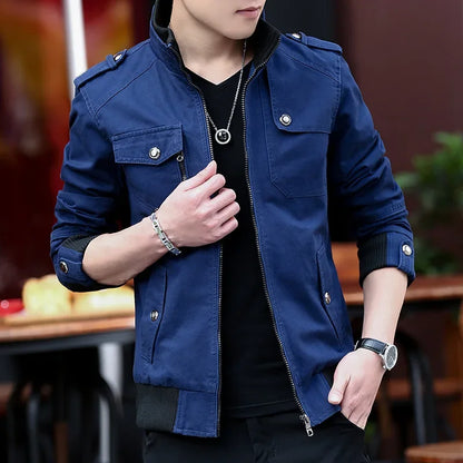 2024 spring autumn new mens jacket korean fashion stand up collar thick denim cargo pants pure cotton coat top clothes multi-pocket cargos