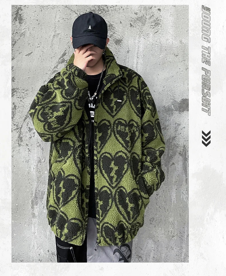 winter lambswool coat men casual streetwear grimace print parka hip hop grain fleece coat loose college warm outwear unisex new unique default style 4958