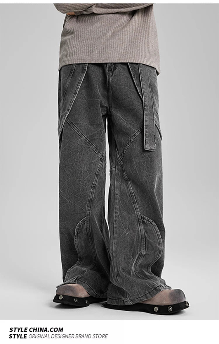 american high street vibe fashion splice jeans mens belt loose casual vintage wide leg straight denim baggy jeans pants trouser unique jeans style 1382