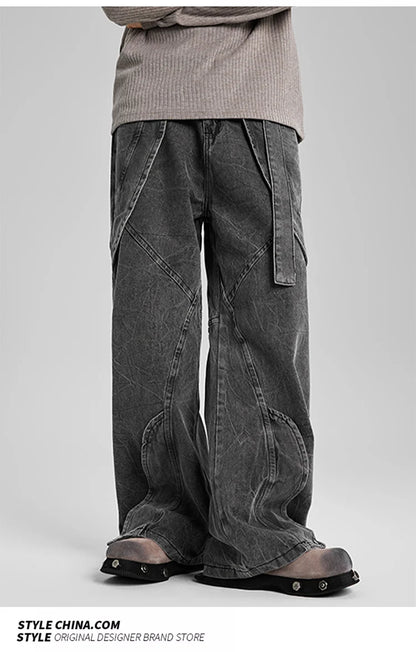 american high street vibe fashion splice jeans mens belt loose casual vintage wide leg straight denim baggy jeans pants trouser unique jeans style 1382