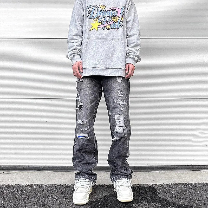 y2k frayed hole damaged washed black baggy jeans for men streetwear straight casual denim trousers ropa hombre loose cargo pants utility cargo pants