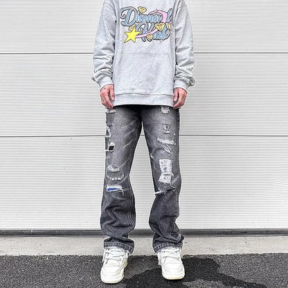 y2k frayed hole damaged washed black baggy jeans for men streetwear straight casual denim trousers ropa hombre loose cargo pants utility cargo pants