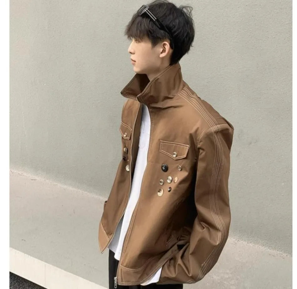 spring retro irregular button mens jacket shoulder pad design trend high street coats motorcycle fashion stand collar outwear unique default style 3857