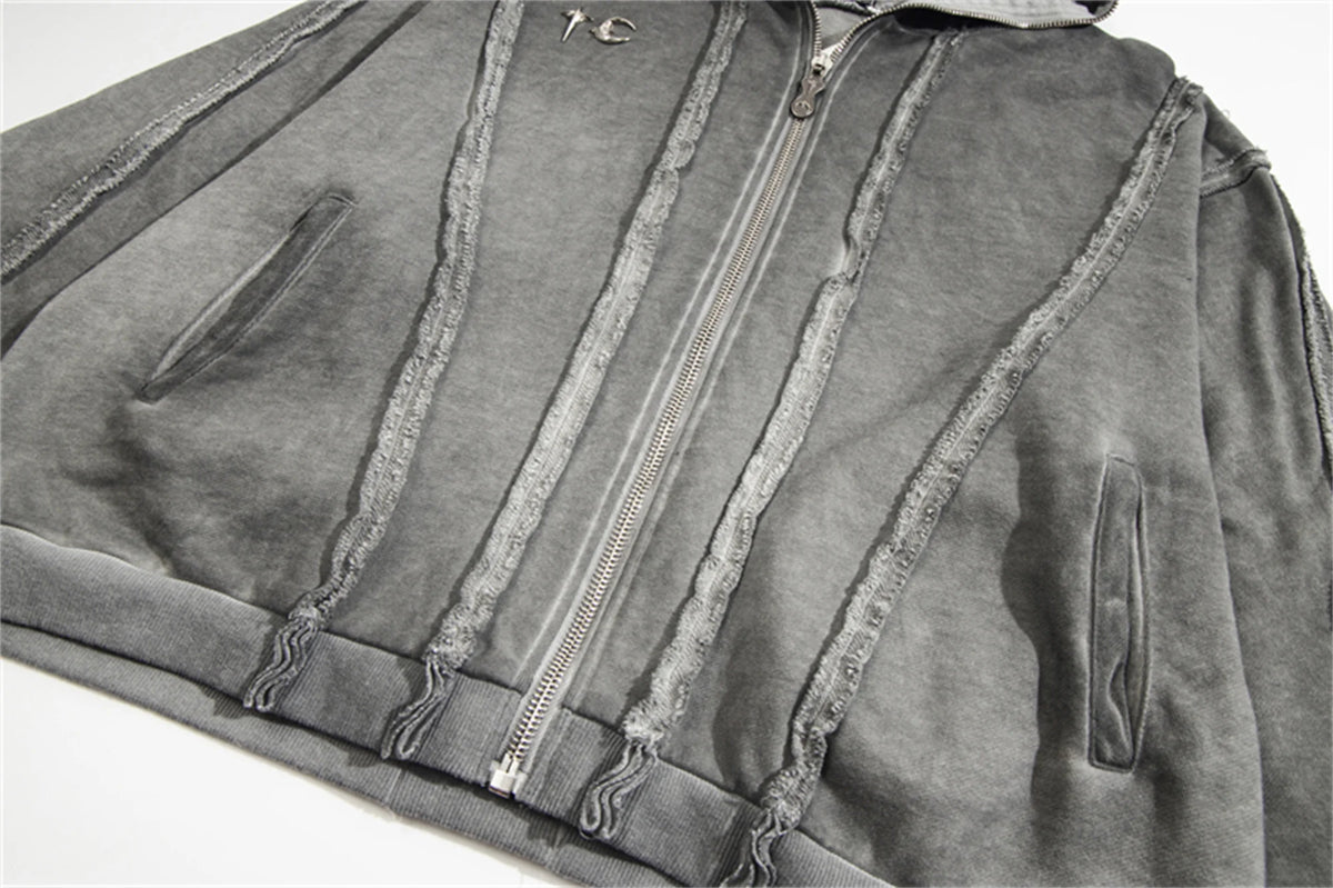 new thug club brand fashion high street vibe style cotton oversized splicing zipper washed distressed grey jacket hoodies unique default style 112
