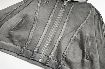 new thug club brand fashion high street vibe style cotton oversized splicing zipper washed distressed grey jacket hoodies unique default style 112