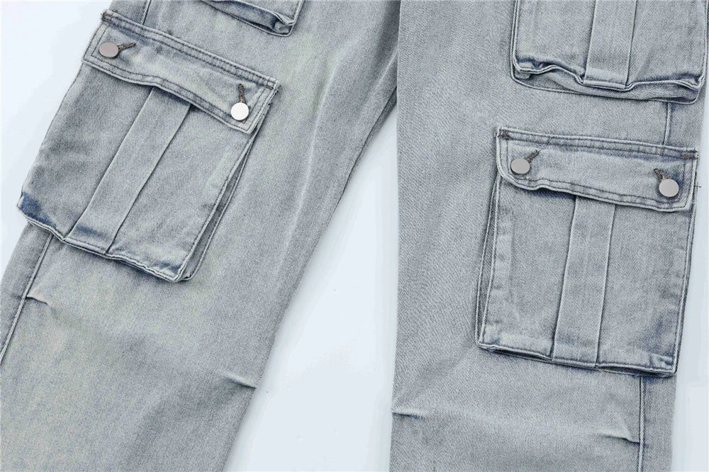 2024 multi pocket jeans vintage mens harajuku cargo denim pants retro hip hop straight loose jean pants unique cargo style 1021