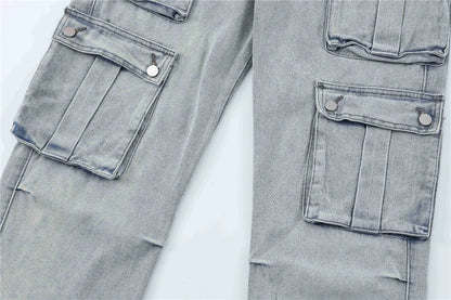 2024 multi pocket jeans vintage mens harajuku cargo denim pants retro hip hop straight loose jean pants unique cargo style 1021