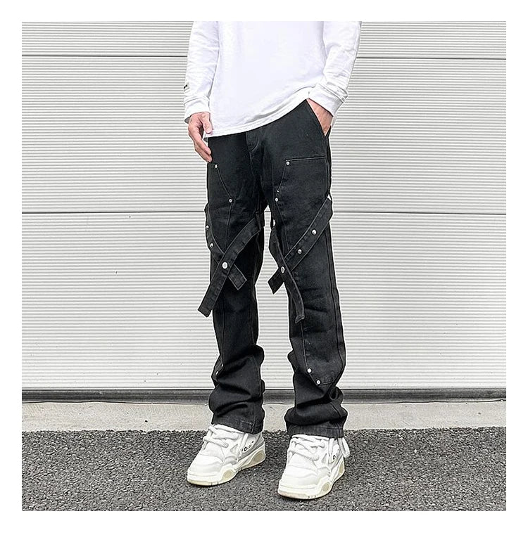 fashion knee adjust belt decoration denim jeans zipper straight jeans hip hop streetwear mens casual loose joggers jeans pants unique joggers style 1537