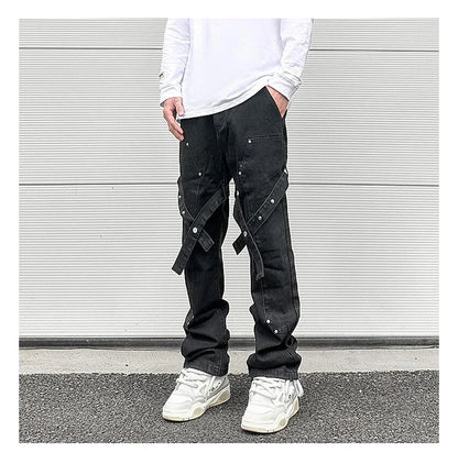 fashion knee adjust belt decoration denim jeans zipper straight jeans hip hop streetwear mens casual loose joggers jeans pants unique joggers style 1537