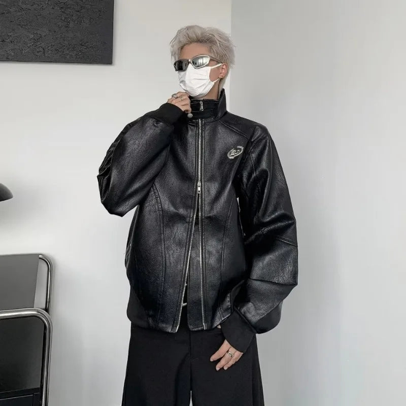 punk leather jacket mens spring standing collar trendy high street coats y2k streetwear hip hop motorcycle outwear 2024 new unique default style 2250