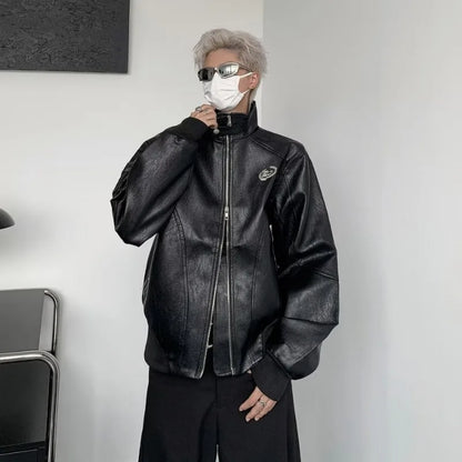 punk leather jacket mens spring standing collar trendy high street coats y2k streetwear hip hop motorcycle outwear 2024 new unique default style 2250
