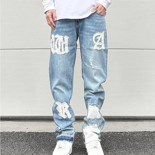 letters patckwork bottom ripped denim jeans men casual straight biker trousers fashion streetwear hip hop jean pants joggers streetwear sweatpants