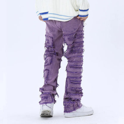 tassel hole spliced european and american straight leg denim pants new popular patch jeans mens wear unique jeans style 307