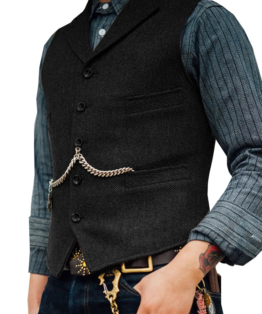 Business Mens Suit Vest Lapel V Neck Wool Herringbone Casual Brown Waistcoat Casual Formal Groomsman Jacket For Wedding Street King Limited