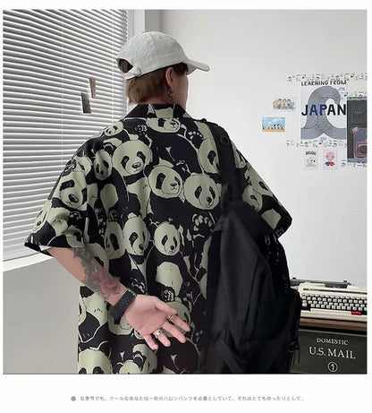 Streetwear Summer Panda Printed Shirts For Men Casual Loose Short Sleeved Camisas Summer Panda Printed Shirts For Men Casual Loose Short Sleeved Camisas Couples Streetwear Fashion Tee Shirt Luxury Social Shirt Fashion Sweater Jacket With Graphic Design For Men