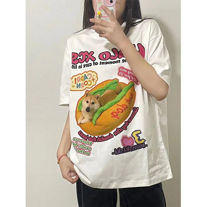New Apricot American Vintage Creative Animal Hot Dog Cartoon T Shirts Hip Hop Street Oversized Y2K Tops Cotton Loose Summer Tee Street King Limited