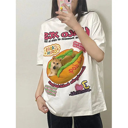 New Apricot American Vintage Creative Animal Hot Dog Cartoon T Shirts Hip Hop Street Oversized Y2K Tops Cotton Loose Summer Tee Street King Limited