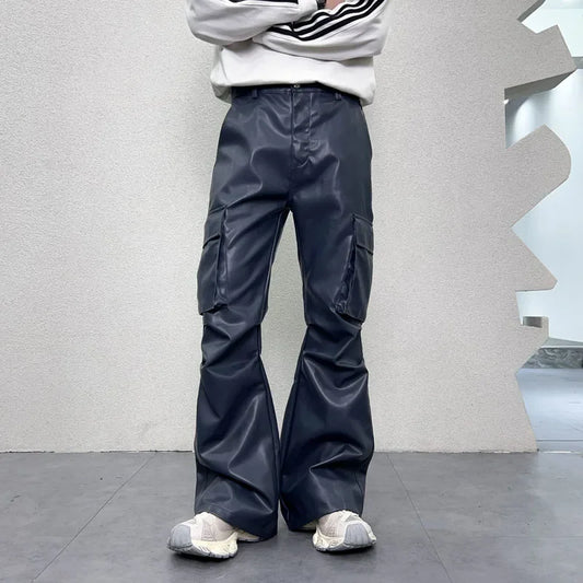 pu leather pants mens streetwear fashion hip hop vibe casual faux leather cargo flared pant men motorcycle trousers baggy cargo bottoms