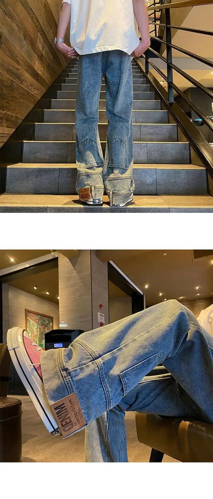 autumn vintage high street straight washed denim jeans for men and women trendy hip hop personality inverted loose casual pants unique jeans style 632