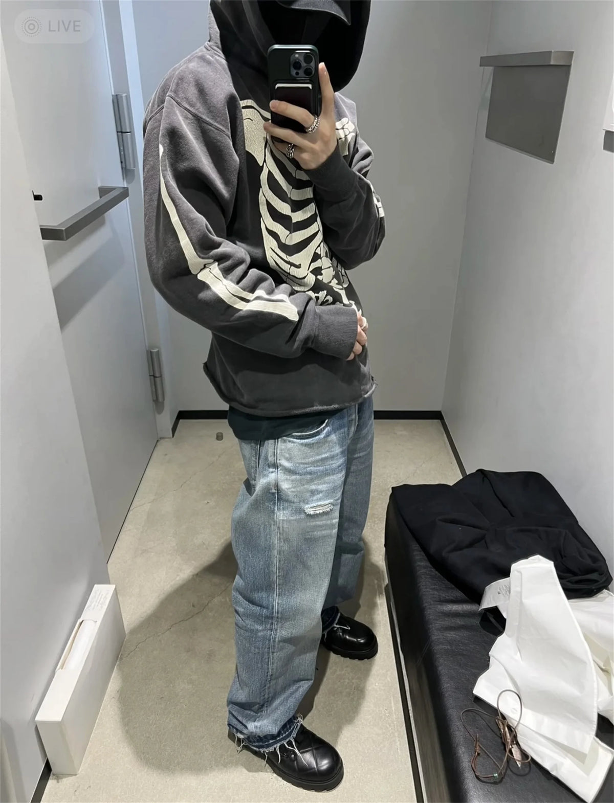 2024 SM Skeleton Rib Cracked Printed Hoodie High Street Washed Outdated Couple Loose Hoodies Street King Limited