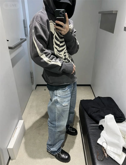 2024 SM Skeleton Rib Cracked Printed Hoodie High Street Washed Outdated Couple Loose Hoodies Street King Limited